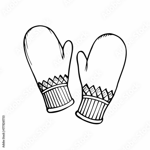 Pair of knitted mittens in doodle style
