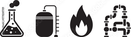 Collection of Black Chemical Lab Illustrations on Transparent Backdrops For Science Engineering and Industry Concepts Ideal For Printing