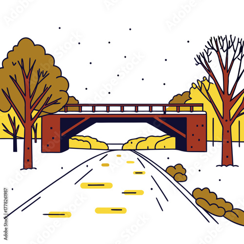 Winter landscape with bridge and trees covered in snow on