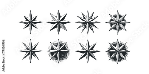 Eight different compass rose star designs hand drawn