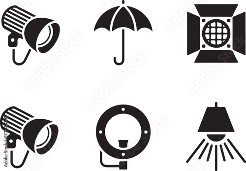 Collection Of Studio Lighting Equipments Such As Softbox, Umbrella, Fresnel Light And Ring Light, For Photography And Video Production