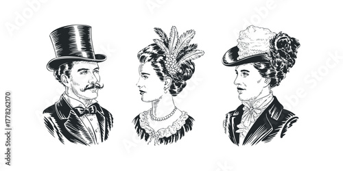 Vintage portraits of distinguished man and two women in formal attire