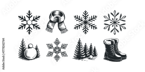 Winter collection with snowflakes, scarf, boots, and trees