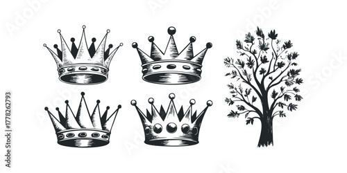 Four royal crowns and a stylized tree