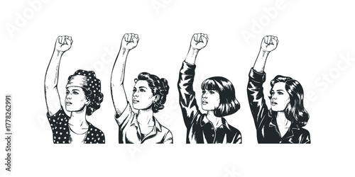 Group of women raising fists in solidarity and protest
