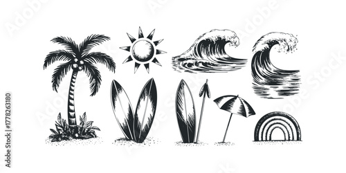 Tropical beach vacation elements with palm tree and surfboards