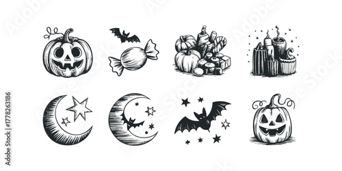 Halloween black and white sketch elements