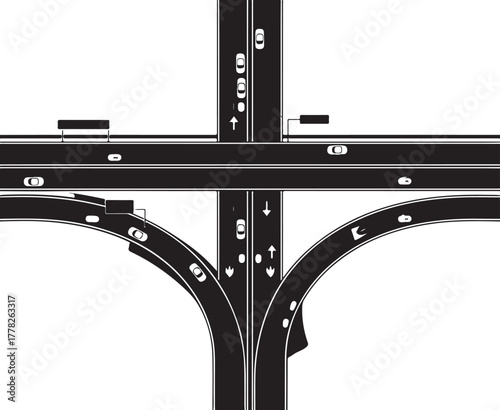 Overpass Intersection Vector Illustration with Cars and Road Signs Isolated on Transparent Background Top View One Point Perspective