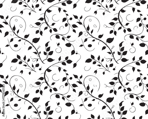 Seamless background with black floral vine and leaves pattern on transparent backdrop