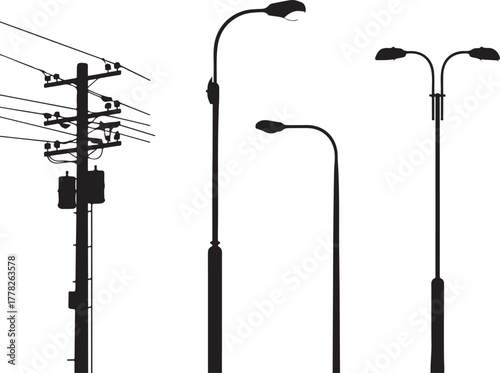 Collection of different street light pole silhouette on transparent background