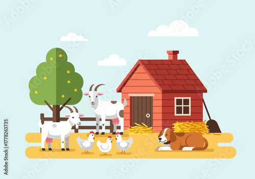 Cartoon farm scene with goats chickens a dog a red barn and a tree