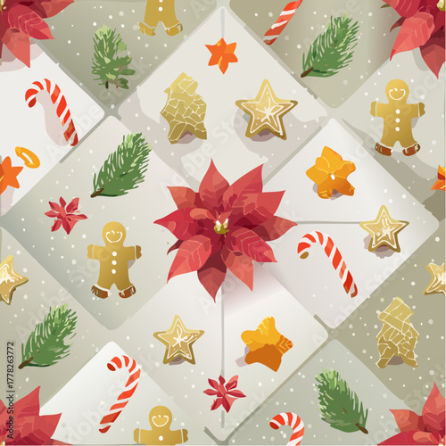 Overhead view of a festive holiday pattern featuring gingerbread men, candy canes, and Christmas ornaments on white squares.