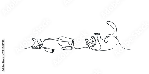 Two cats playing with a string continuous line drawing