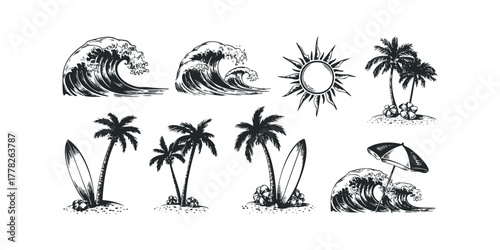 Ocean wave, palm trees, sun, and surfboard vector graphics