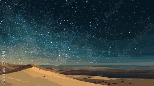 Flat vector illustration of Sahara desert night sky, starry flat vector background, cool blues and sandy beige palette2