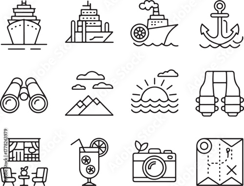 Marine Elements Icons Collection Ship Anchor Binoculars and Map Representing Nautical Travel and Adventure Theme Great for Seaside Projects 130
