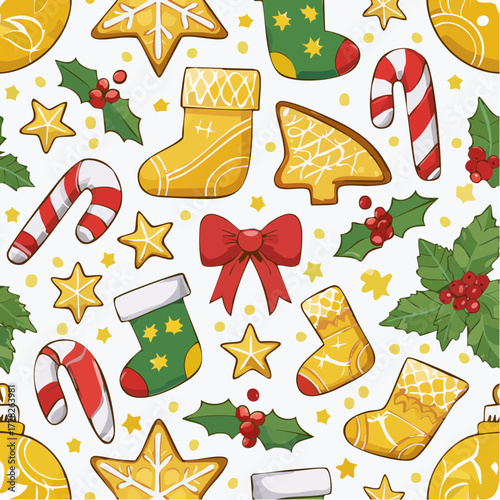 Colorful Christmas-themed pattern featuring stockings, candy canes, cookies, holly, and stars on a white background with festive holiday decorations.