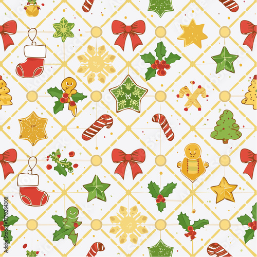 A seamless pattern of Christmas icons including stars, bows, gingerbread men, candy canes, and holly on a white background with gold lines.