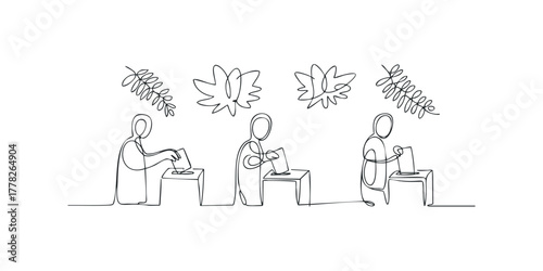 People casting votes at ballot boxes in simple line art style