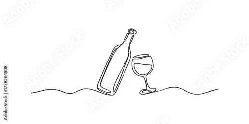 Continuous line drawing of wine bottle and glass