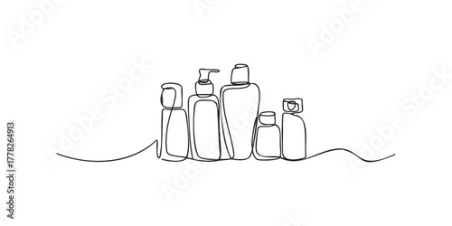 Minimalist outline of assorted cosmetic bottles