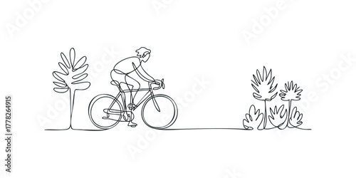Person riding bicycle among stylized plants