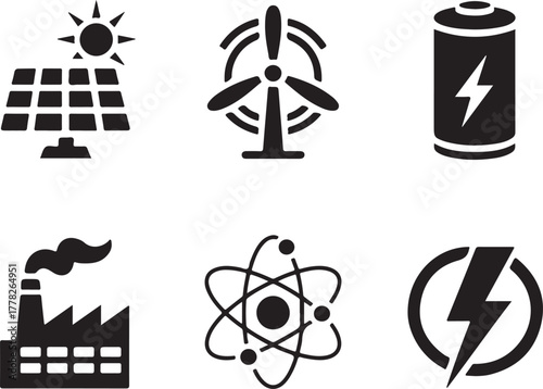 Renewable Energy Icons Featuring Solar Panel Wind Turbine Battery Nuclear Atom and Lightning in Black Silhouette Style for Green Solution