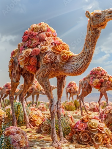 Floral Camels in Desert Landscape
