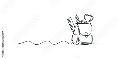 School backpack with pencil, ruler, and cup