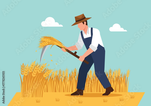 Farmer harvesting wheat with a scythe in a field under a blue sky