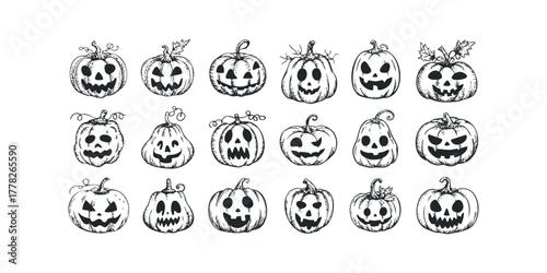 Set of Black and White Hand Drawn Jack-o-Lantern Faces