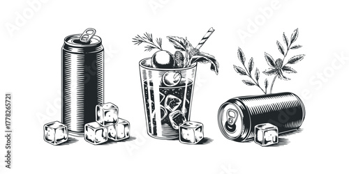 Beverage can with ice cubes and cocktail glass