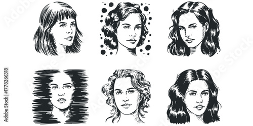 Six Black and White Line Drawings of Women's Faces