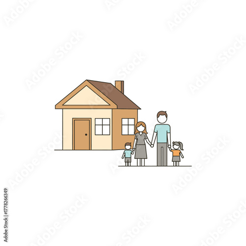 Happy family stands in front of their cozy home, representing love, togetherness, and the warmth of a loving household, creating a sense of belonging and security.