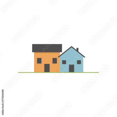 Two simple houses stand side by side on a green lawn, representing home ownership and community in a minimalist style.
