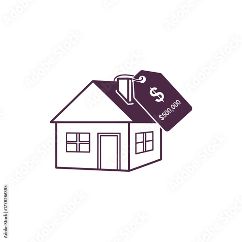 Simple house with price tag indicates real estate value of 500000, representing the cost of home ownership in a competitive market.