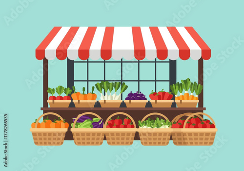 Flat illustration of a produce stand with a red and white striped awning