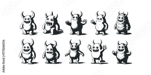 Collection of Cute Cartoon Monsters with Horns and Grins