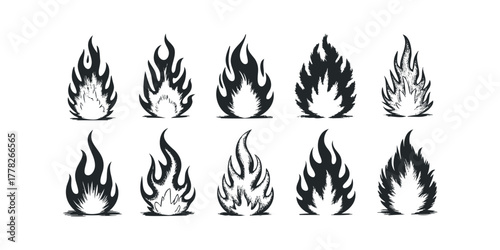 Collection of ten flame icons in black and white