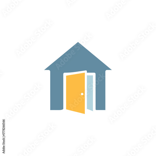 Simple house with open door symbolizing welcome and new beginnings on a clean white backdrop, conveying a sense of home and opportunity.