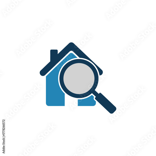 Blue house being inspected with a magnifying glass, representing real estate search and property evaluation for potential buyers, conveying trust and security.