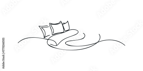 Single line drawing of three cushions on a bed