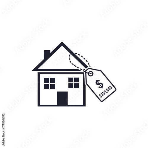 House with price tag represents real estate market and home ownership dream with financial investment and property value, symbolizing wealth and security.