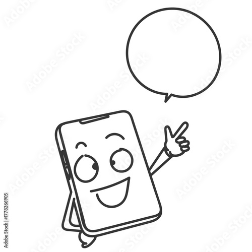 funny mobile phone cartoon character in doodle hand drawn with bubble speech