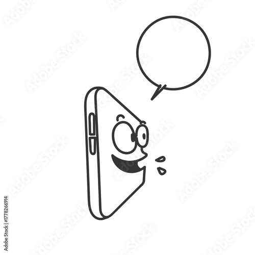 funny mobile phone cartoon character in doodle hand drawn with bubble speech