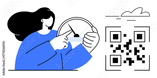 Woman turning gauge while scanning QR code, symbolizing control, technology, and data. Ideal for digital transformation, analytics, connectivity, optimization, control cloud and modern tools