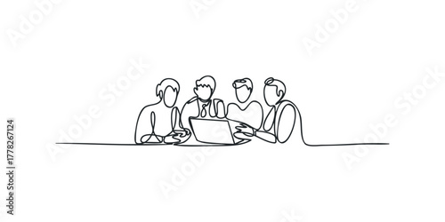 Four people gather around a laptop for a discussion