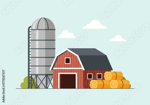 Flat illustration of a red barn tall silo and hay bales under a pale blue sky