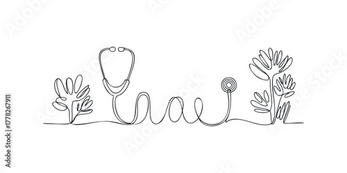 Continuous line drawing of a stethoscope with plants