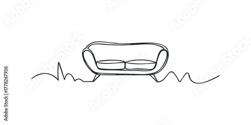 Minimalist black line drawing of a sofa